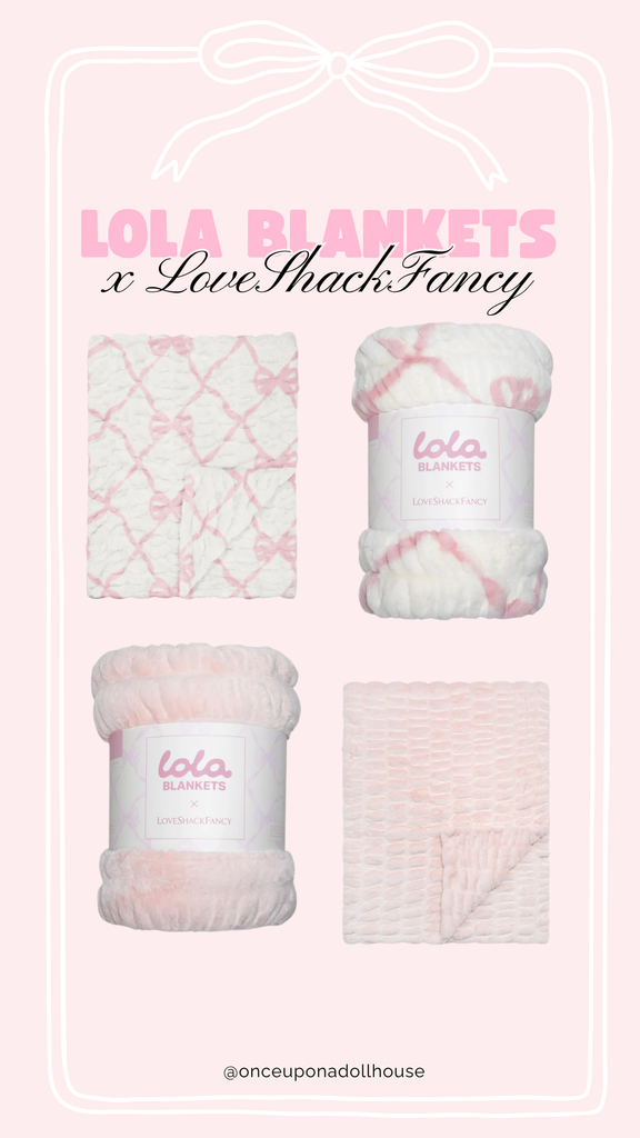 Lola Blankets x LoveShackFancy Rosy Bows ivory blanket with pink ribbon pattern and Petal Pink plush blanket, shown folded and rolled.